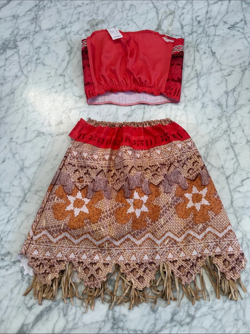Moana Sz 4-6 Y Costume Two-Piece Tribal Crop Top & Fringe Skirt Set